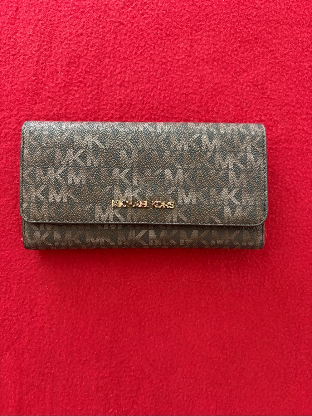 Michael Kors Jet Set Travel Large Trifold Wallet Brown Logo Saffiano